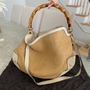 Gucci  Bamboo Handle Cream + Straw Leather and Hobo Bag